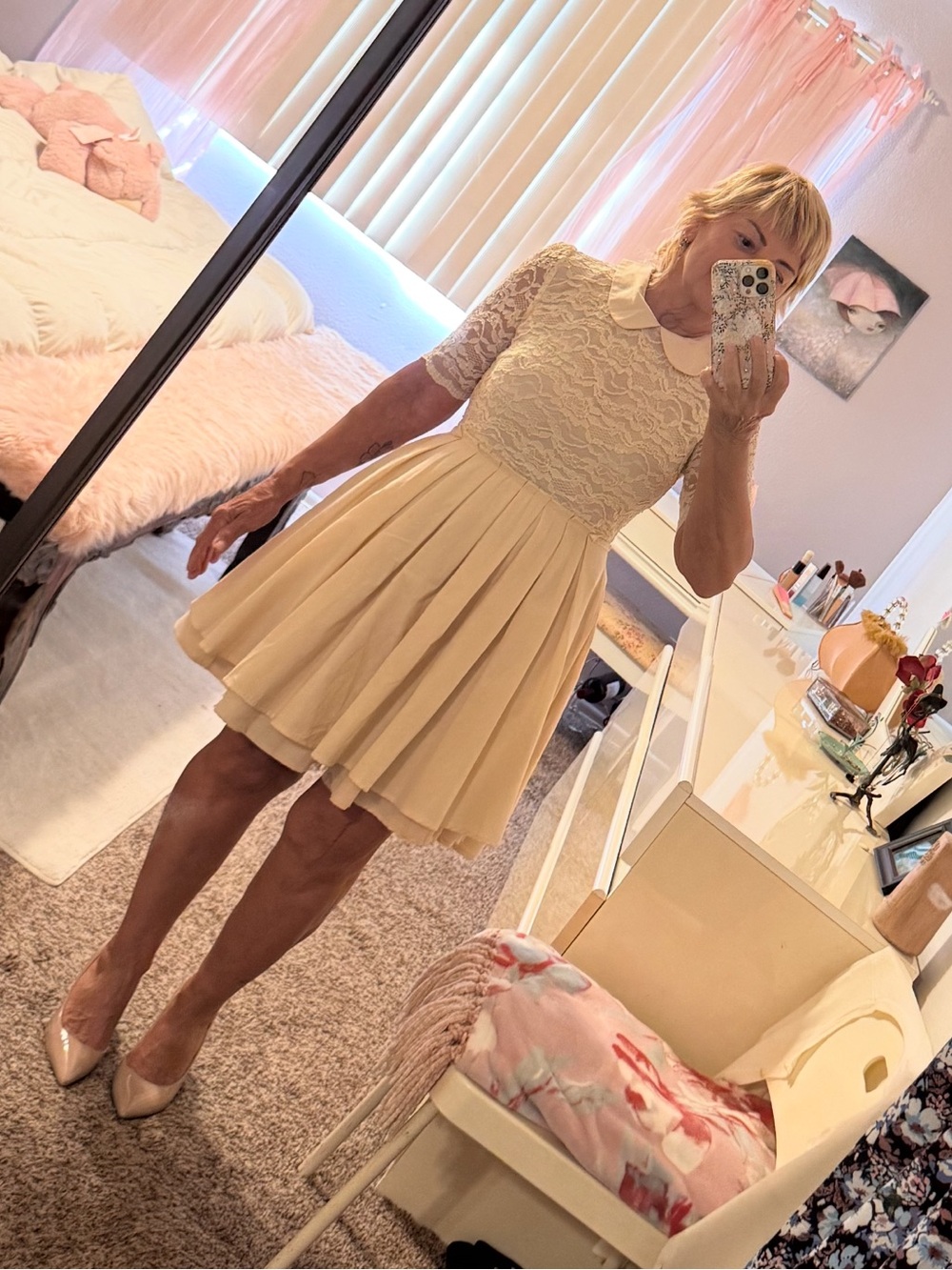 Lace Fit-and-Flare Dress with Peter Pan Collar in Cream